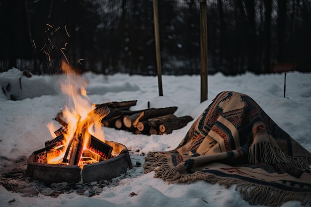 Feu de camp entouré de couvertures douillettes et chaudes cadre idéal pour l'aventure de camping d'hiver