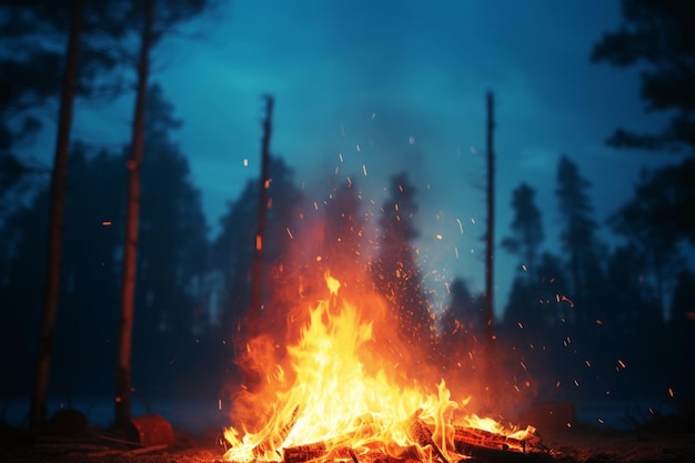 Un feu de camp est allumé la nuit avec le mot feu dessus.