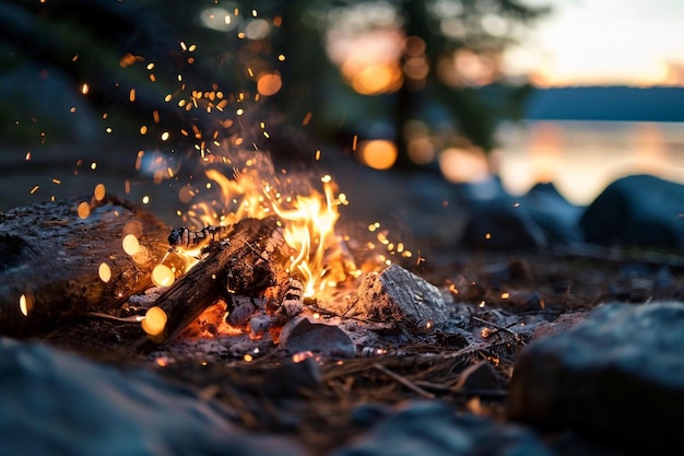 un feu de camp est allumé le soir près de l'eau