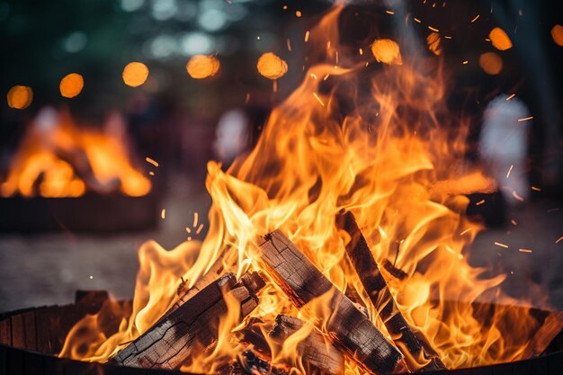 Un feu de camp avec des flammes colorées dansant dans la nuit