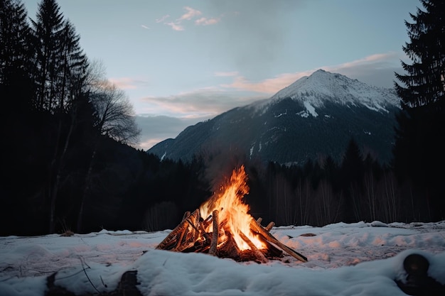 Feu de camp avec des flammes crépitantes dans la forêt enneigée sur fond de montagnes lointaines