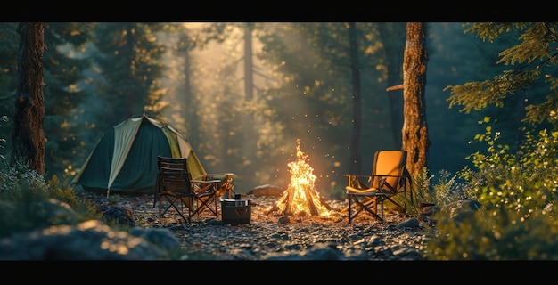 Photo un feu de camp en forêt avec chaises et équipement de camping