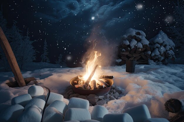 Feu de camp avec grillage de guimauves et flocons de neige tombant au pays des merveilles d'hiver