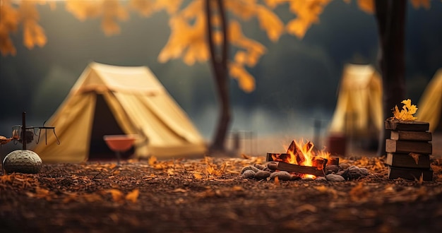 feu de camp installé à côté de tentes sur un pré avec des feuilles jaunes dans le style flou