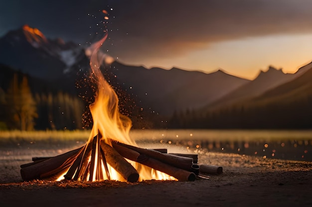 un feu de camp avec une montagne en arrière-plan