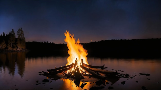 Un feu de camp rougeoyant au bord du lac Des nuances d'orange et de jaune dominent le ciel