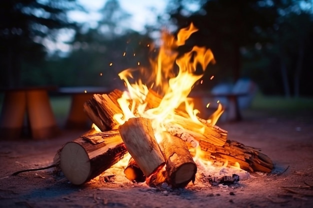 Feu de camp avec une souche de bois sur le site de camping camp d'été voyageant