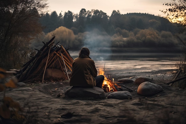 Feu de camp avec tente dans une belle nature activité en plein air