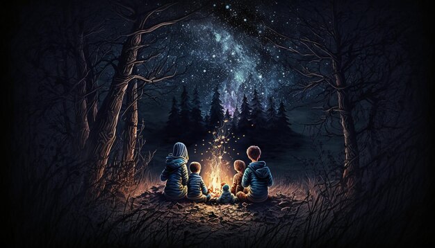 Feu de camp tricoté dans une forêt sombre enfants autour du feu.