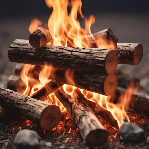 Photo un feu de camp avec un tronc dessus et un tronc au milieu