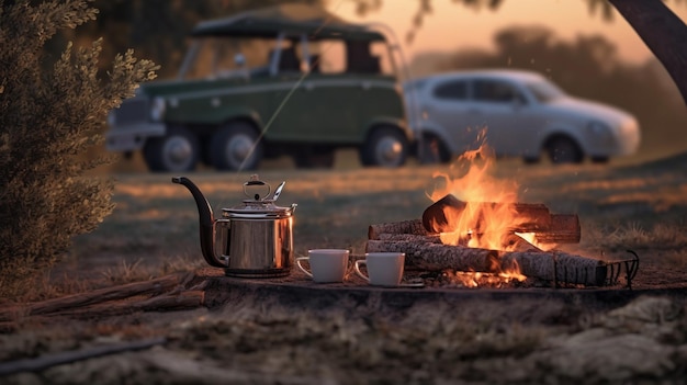 Un feu de camp avec une voiture en arrière-plan