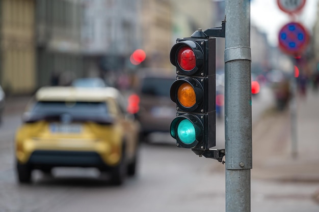 Feu de circulation au carrefour avec une belle ville bokeh avec des voitures en arrière-plan