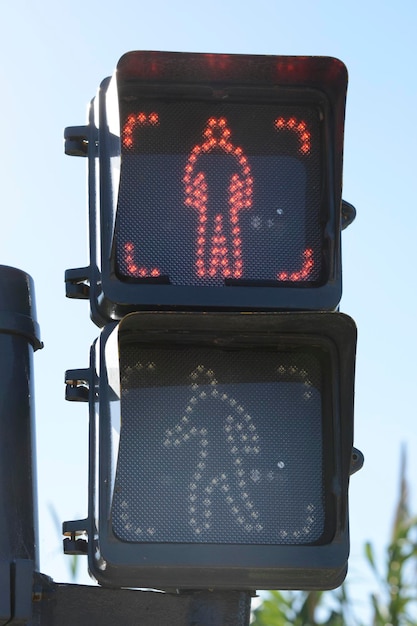 Photo feu de circulation pour les piétons donnant le signal rouge aux gens de ne pas traverser la rue