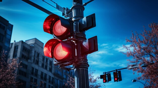 Un feu de circulation rouge brillant contre un coin de rue urbain au ciel bleu