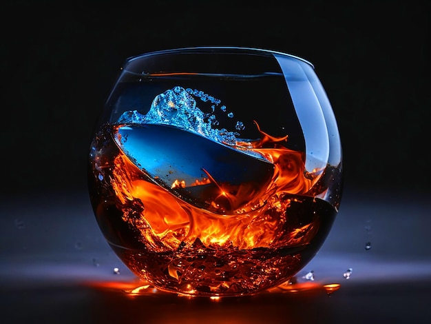 Le feu et les cubes de glace dans le verre rond géant