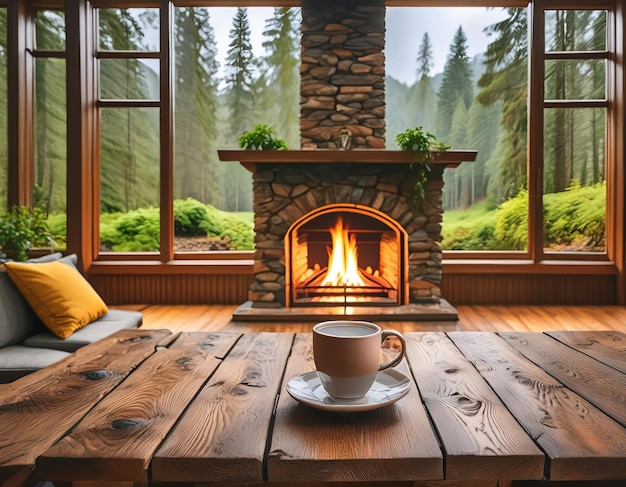 Feu dans la cheminée et boire dans une tasse et la pluie dans la forêt générée par l'IA