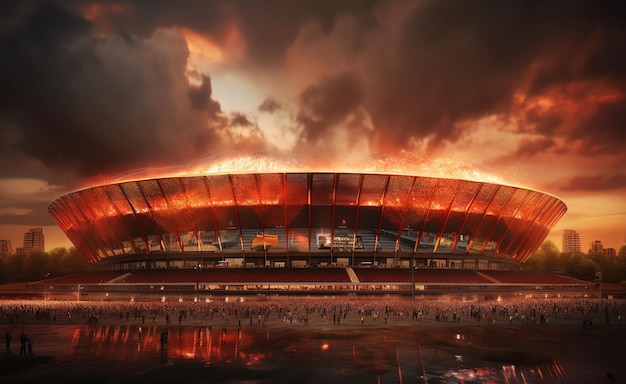 Un feu dans le ciel brûle sur le stade.