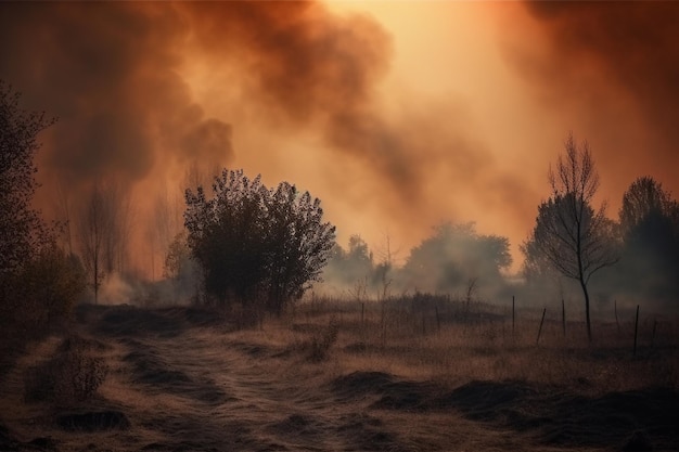 Un feu dans le ciel avec de la fumée en arrière-plan