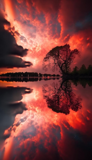 Photo un feu dans le ciel se reflète dans l'eau.