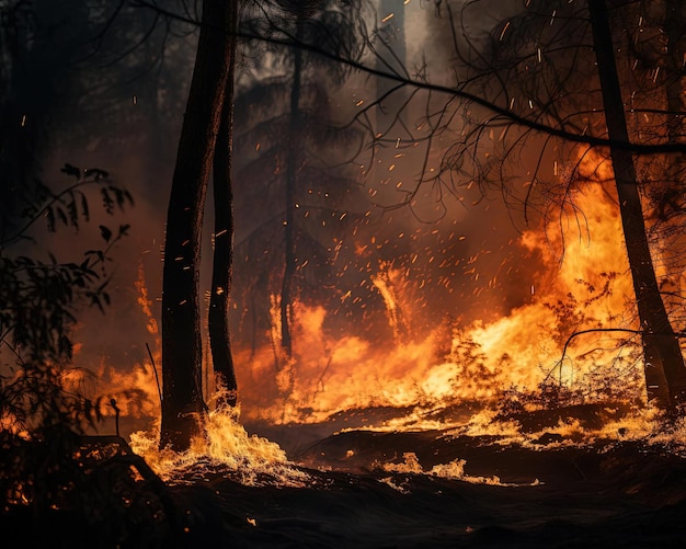 feu dans la forêt près des arbres dans le style de l'imagerie inspirée de la nature