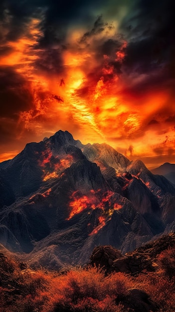 Un feu dans les montagnes brûle.