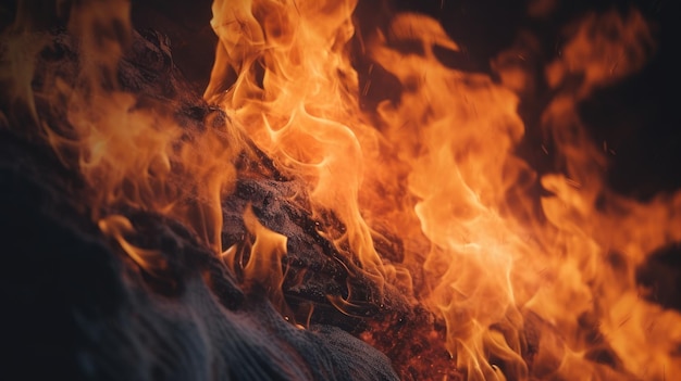 Un feu dans le noir avec des flammes et une personne au premier plan