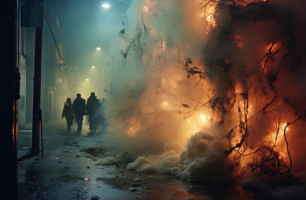 un feu dans la rue avec de la fumée qui en sort