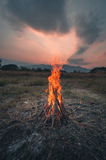 Le feu du bois de chauffage le feu de joie le soir