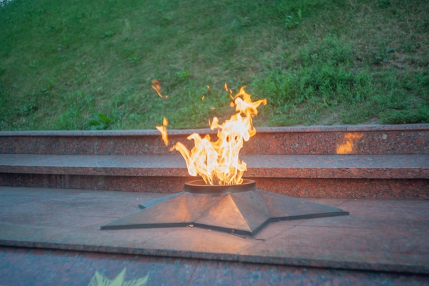 Feu éternel sur fond de fleurs d'oeillets Les flammes se reflètent dans le granit Tombe du Soldat inconnu à Blagovechtchensk