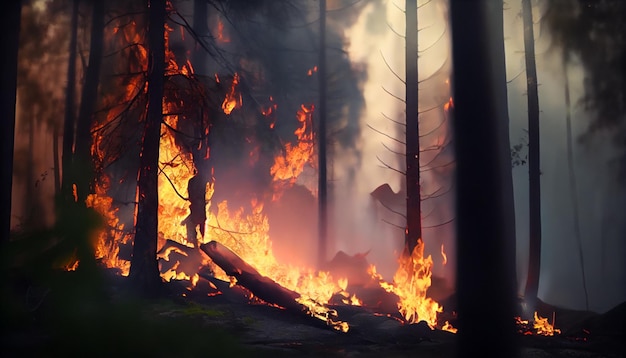 Feu de forêt avec des arbres en feu IA générative