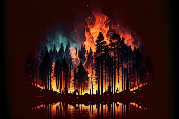 Photo feu de forêt avec des arbres en feu ia générative