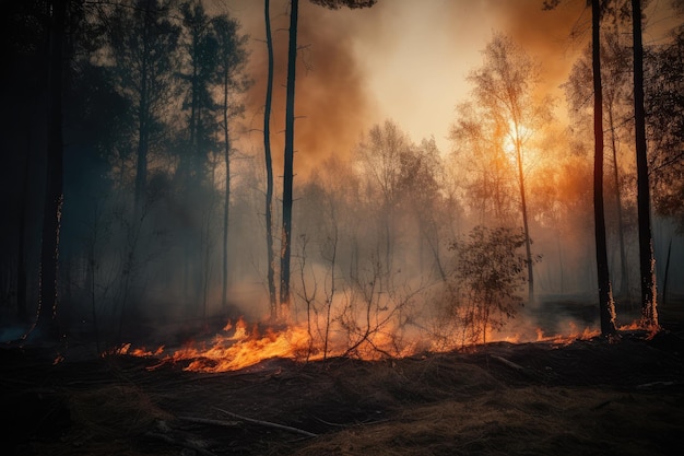 Feu de forêt avec des arbres en feu photo générative ai