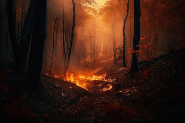 Feu de forêt avec des arbres en feu photo générative ai