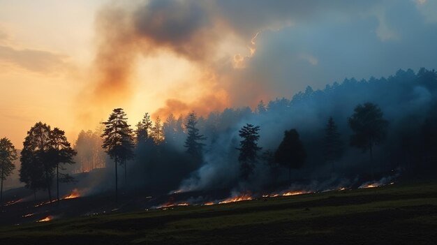 Feu de forêt brûlant des pins et de l'herbe dans le champ au coucher du soleil