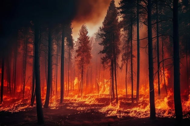 Un feu de forêt brûle en arrière-plan.