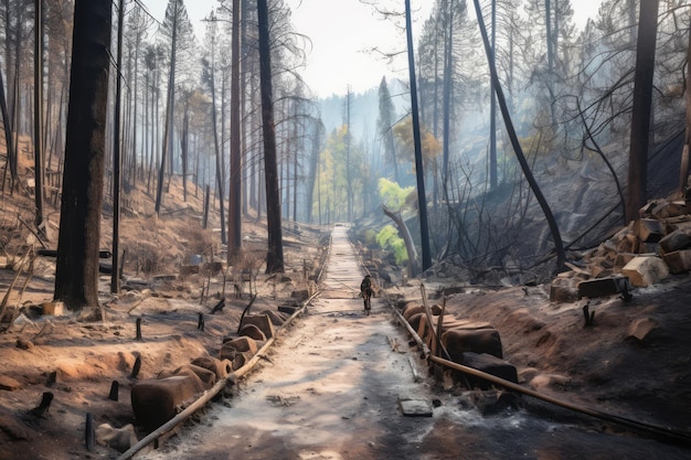 Un feu de forêt brûle en arrière-plan.