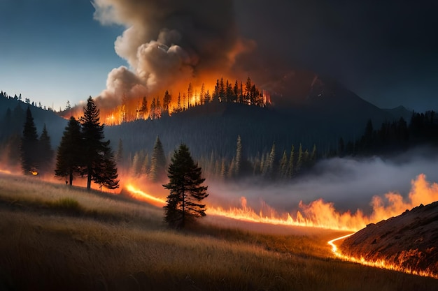 un feu de forêt brûle le long d'une montagne.