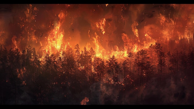 Photo un feu de forêt déchaîné dévorant des arbres dans une forêt dense avec de la fumée et des flammes ondulantes créant une scène de dévastation et de danger