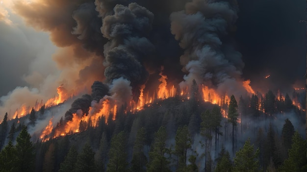 Feu de forêt avec une épaisse fumée