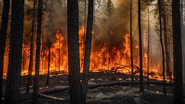 Un feu de forêt fait rage parmi les pins.