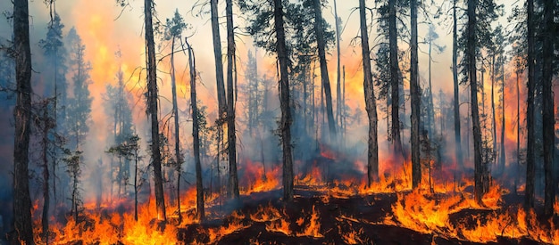 Un feu de forêt, des flammes, un sol brûlant et des arbres, rendu 3d