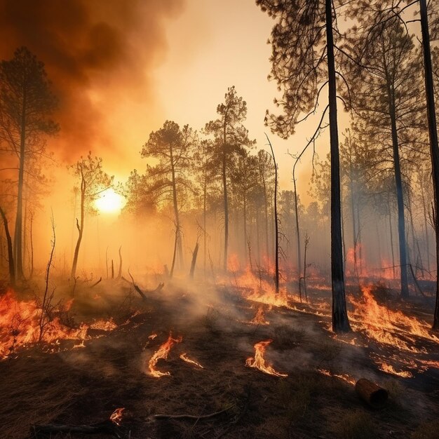 un feu de forêt avec une forêt en feu à l'arrière-plan