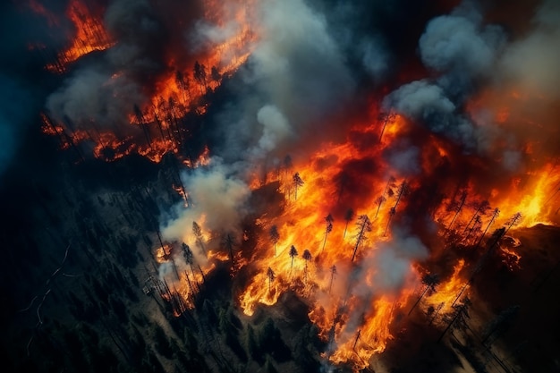 Un feu de forêt à grande échelle vue de dessus La forêt brûle Cataclysme naturel catastrophe écologique