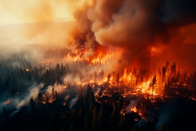 Un feu de forêt à grande échelle vue de dessus La forêt brûle Cataclysme naturel catastrophe écologique