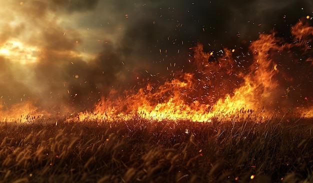 Un feu de forêt intense brûle dans une prairie sèche au coucher du soleil.