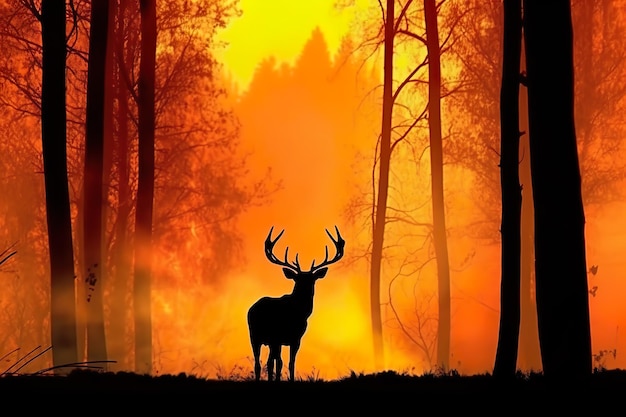 Feu de forêt la nuit Megafire Animaux fuyant le feu Concept de changement climatique Generative AI Hi