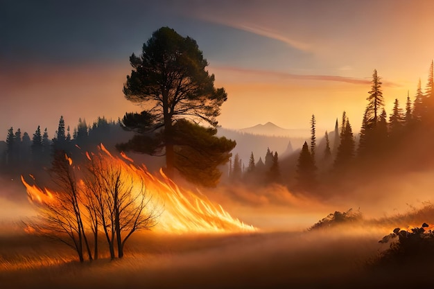 Un feu de forêt avec le soleil se couchant derrière les montagnes.