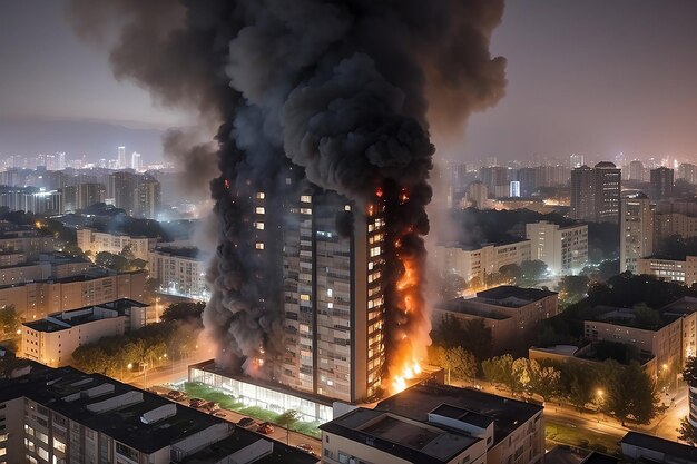 Photo feu et fumée jaillissent d'un appartement dans un immeuble de grande hauteur