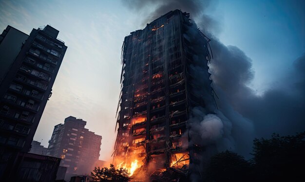 Un feu et une fumée vertigineux enveloppent un gratte-ciel symbolisant le pouvoir destructeur et l'agitation