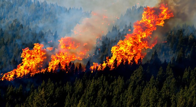 feu géant au milieu de la forêt de feuilles avec de hautes flammes et de la fumée noire en haute résolution et la netteté concept de feu dans le monde entier